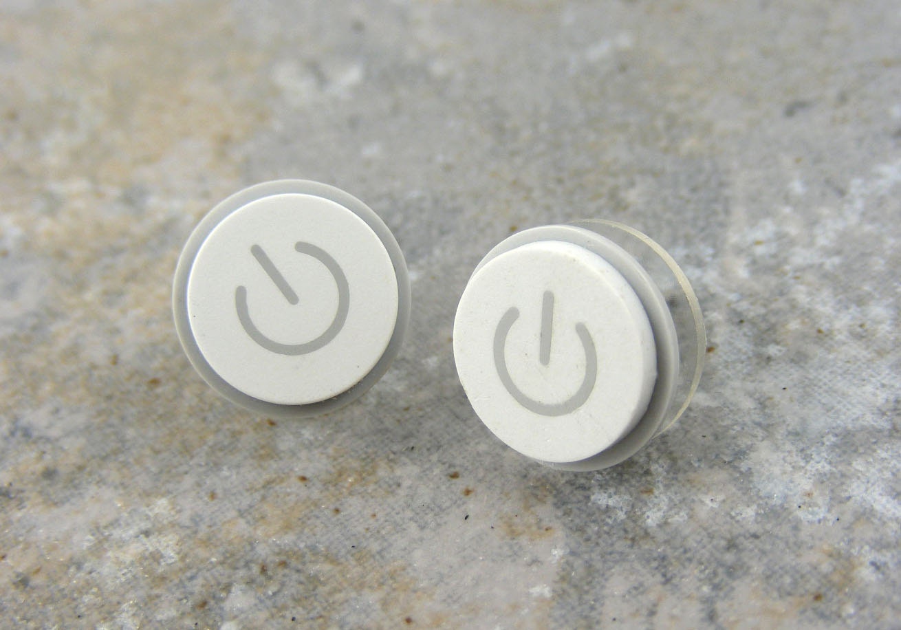 Power Up, Studs, iEarrings, Handmade, Recycled, MAC Power Buttons, made to order