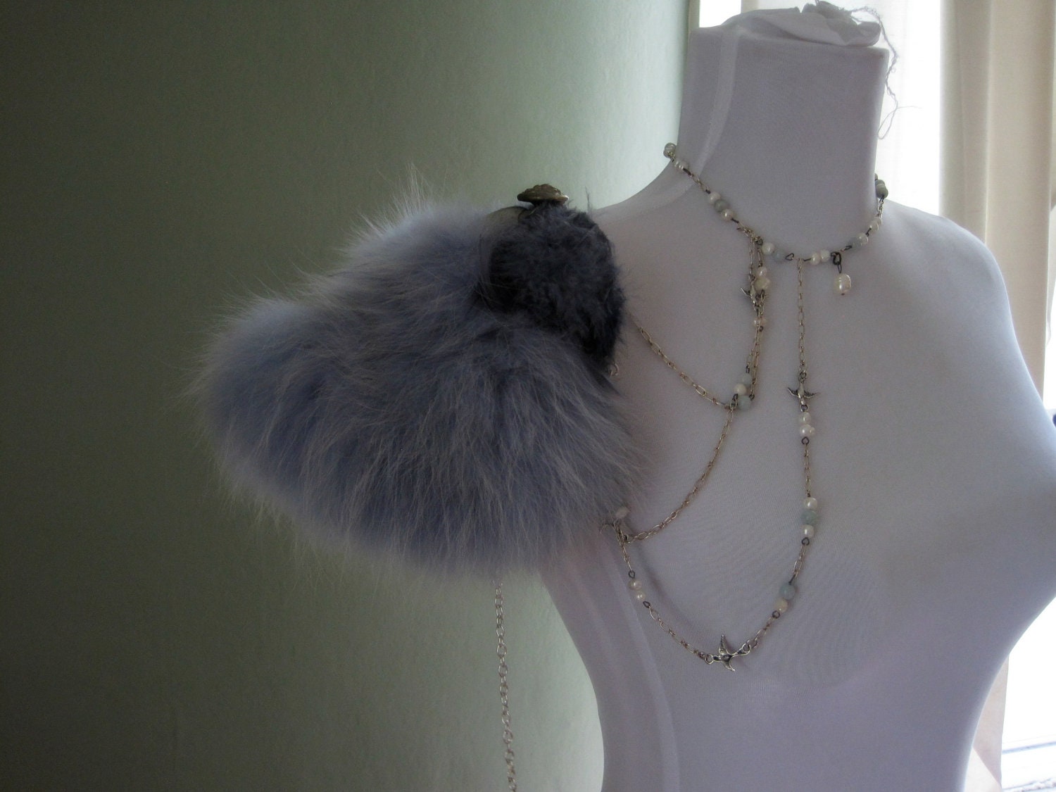 The SINKING oF ANDREA DORIA / Sky Blue Feather and Antique Fur Epaulette and Necklace/ 070