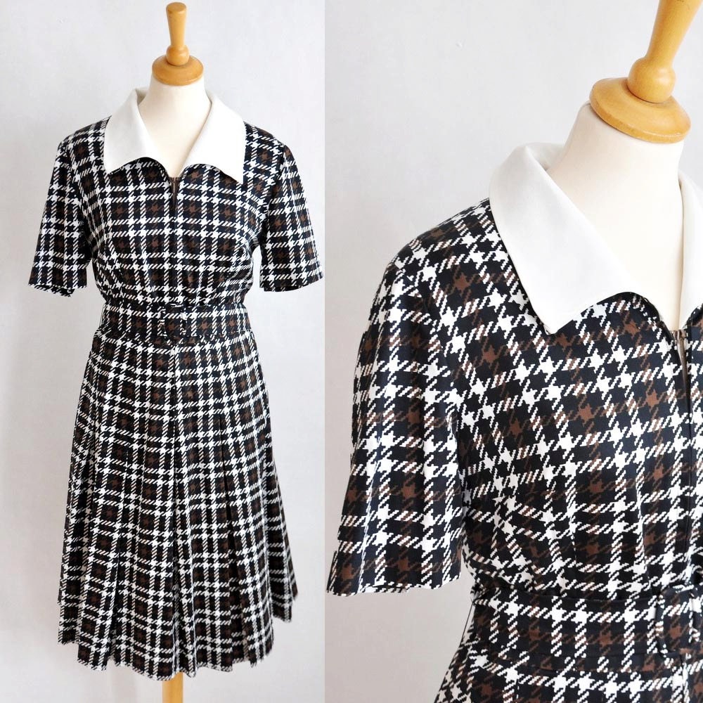 New Year's 12 Dollar Sale Vtg Pleated Plaid Peter Pan Collar Day Dress
