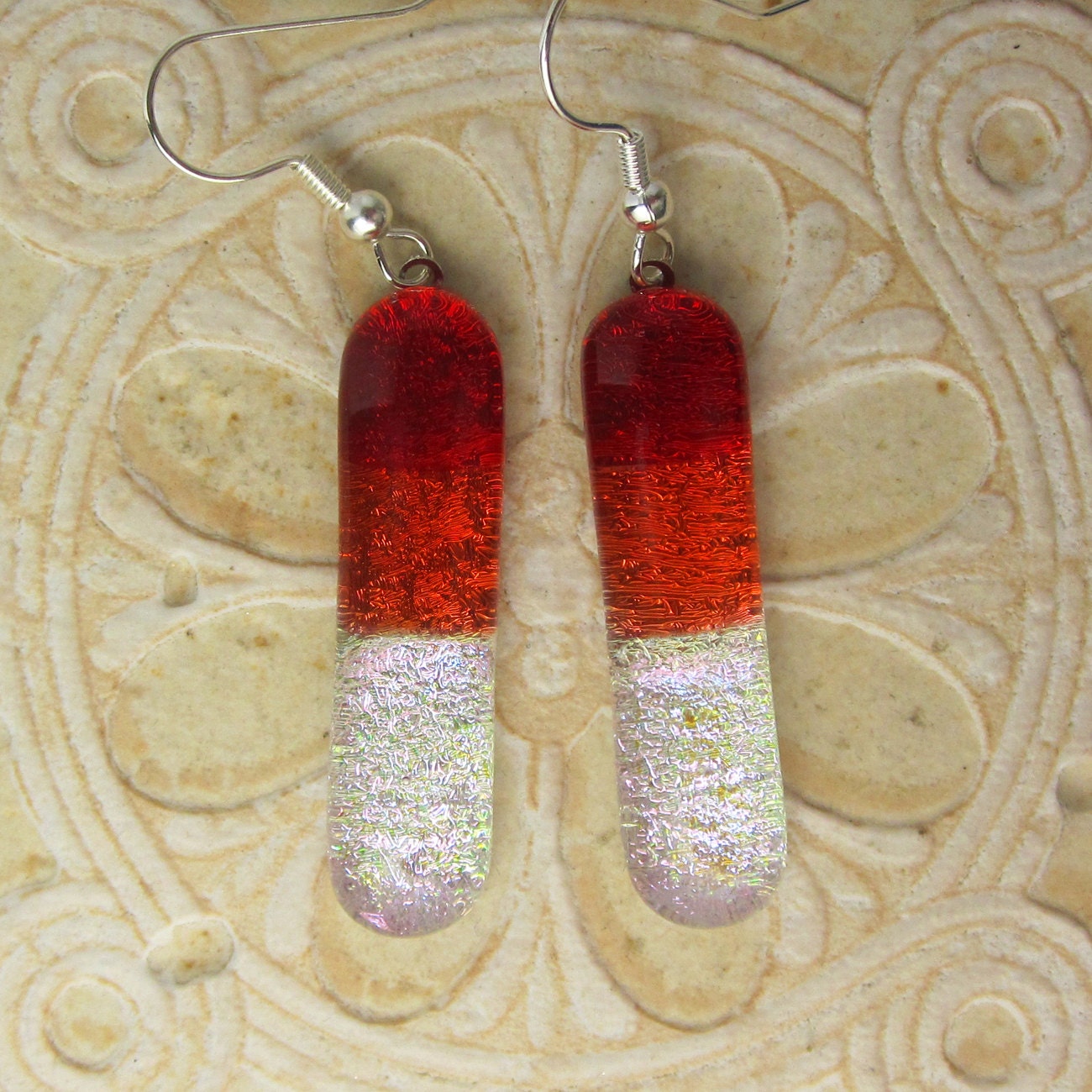 Earrings, Fused Dichroic Glass Pink Coral & Red  - DGE 309