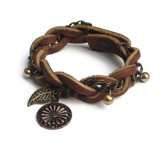 Boho Chic Braided Bracelet - Gold Leaf and Cooper Medallion