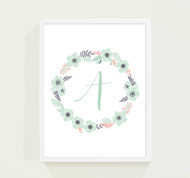 Personalized Monogram Floral Nursery Art in Mint Green and Coral Peach - Childrens Wall Art with Initial Alphabet Posters