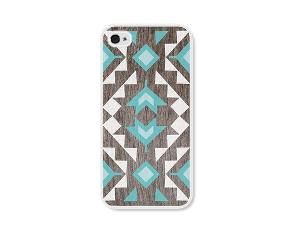 Geometric iPhone 4 Case - Plastic iPhone 4s Case - Wood Tribal Southwest iPhone Case Skin - Turquoise Brown White Cell Phone For Him
