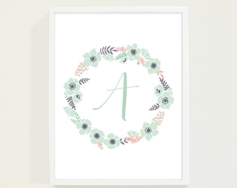 Personalized Monogram Floral Nursery Art in Mint Green and Coral Peach - Childrens Wall Art with Initial Alphabet Posters