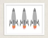 Rocket Ship Outer Space Kids Wall Art Print 14 x 11 Giclee Unique Boys Girls Gender Neutral Nursery Modern Poster Gift