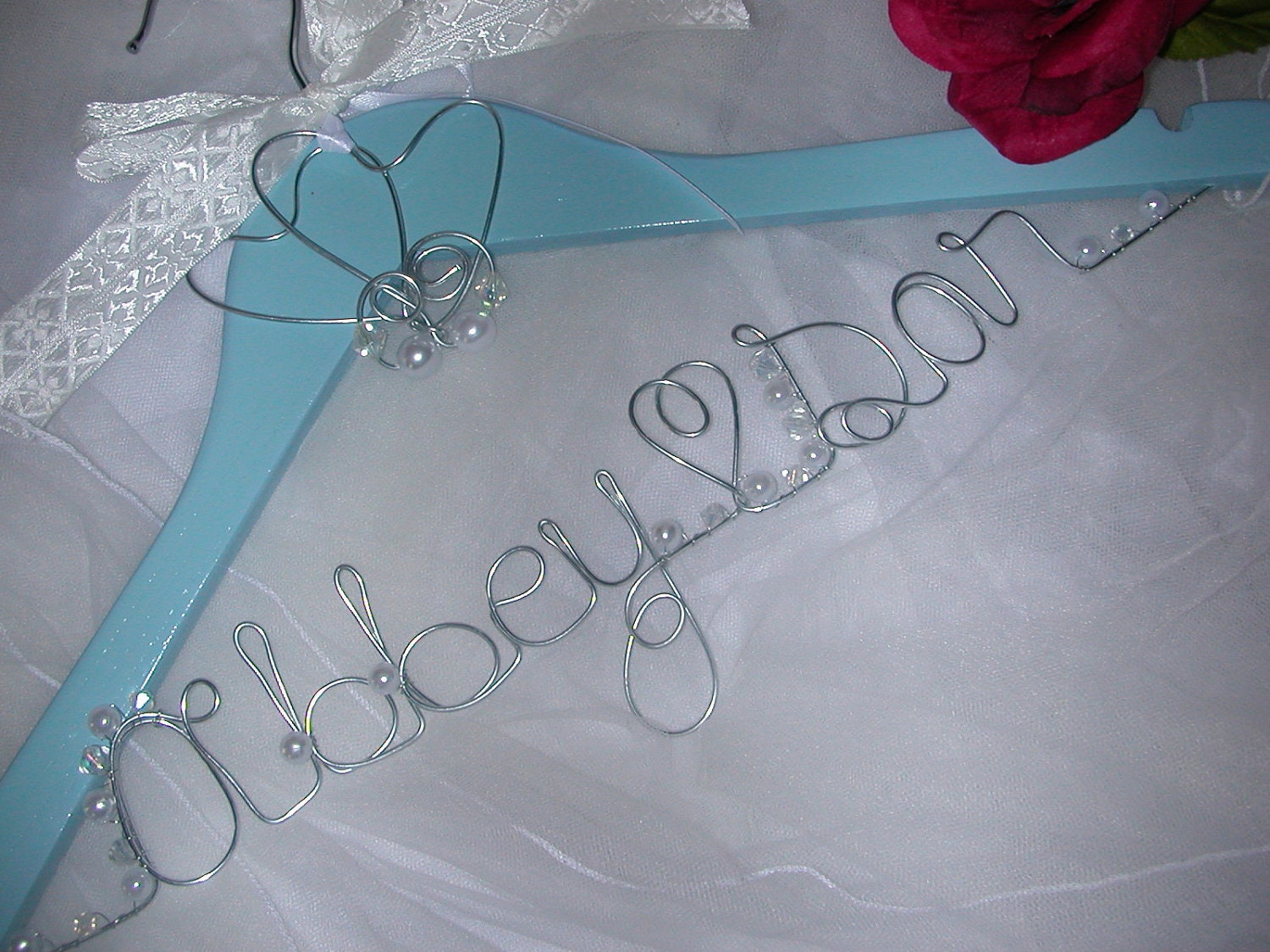 SOMETHING BLUE..Bridal Wedding Dress Hanger, Custom Wedding hanger,Wire 'new name' hanger, Personalized wedding hanger