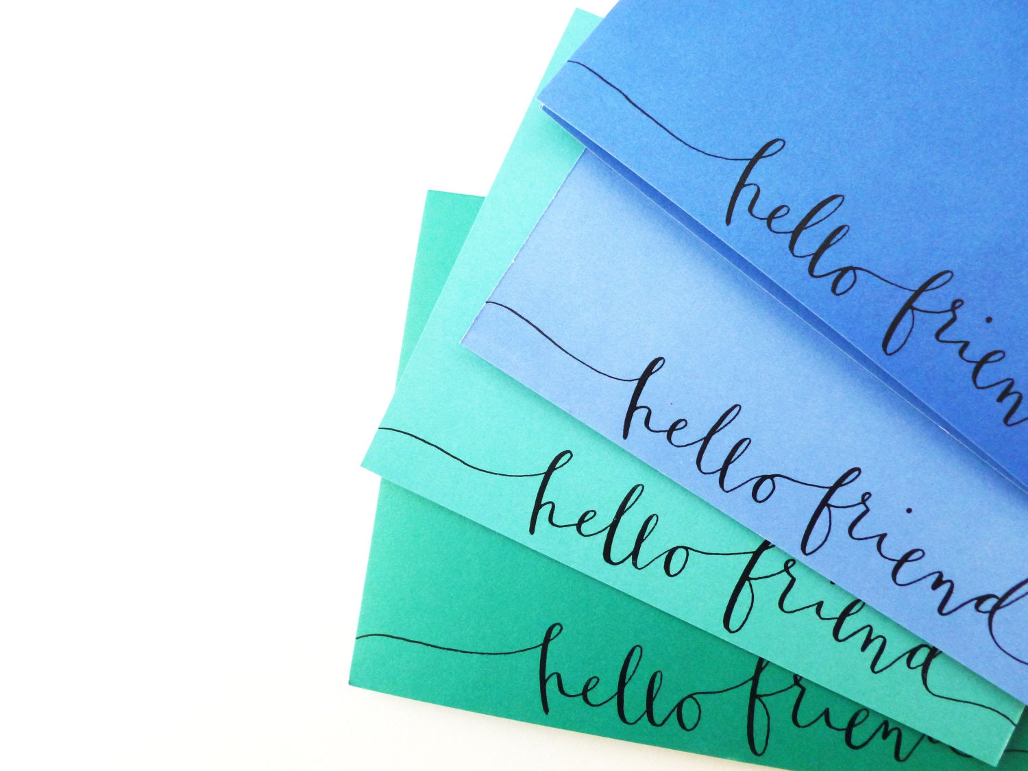 Hello Friend Folded Cards - Set of Four Handwritten Cards Black Calligraphy Script Blue and Teal Green