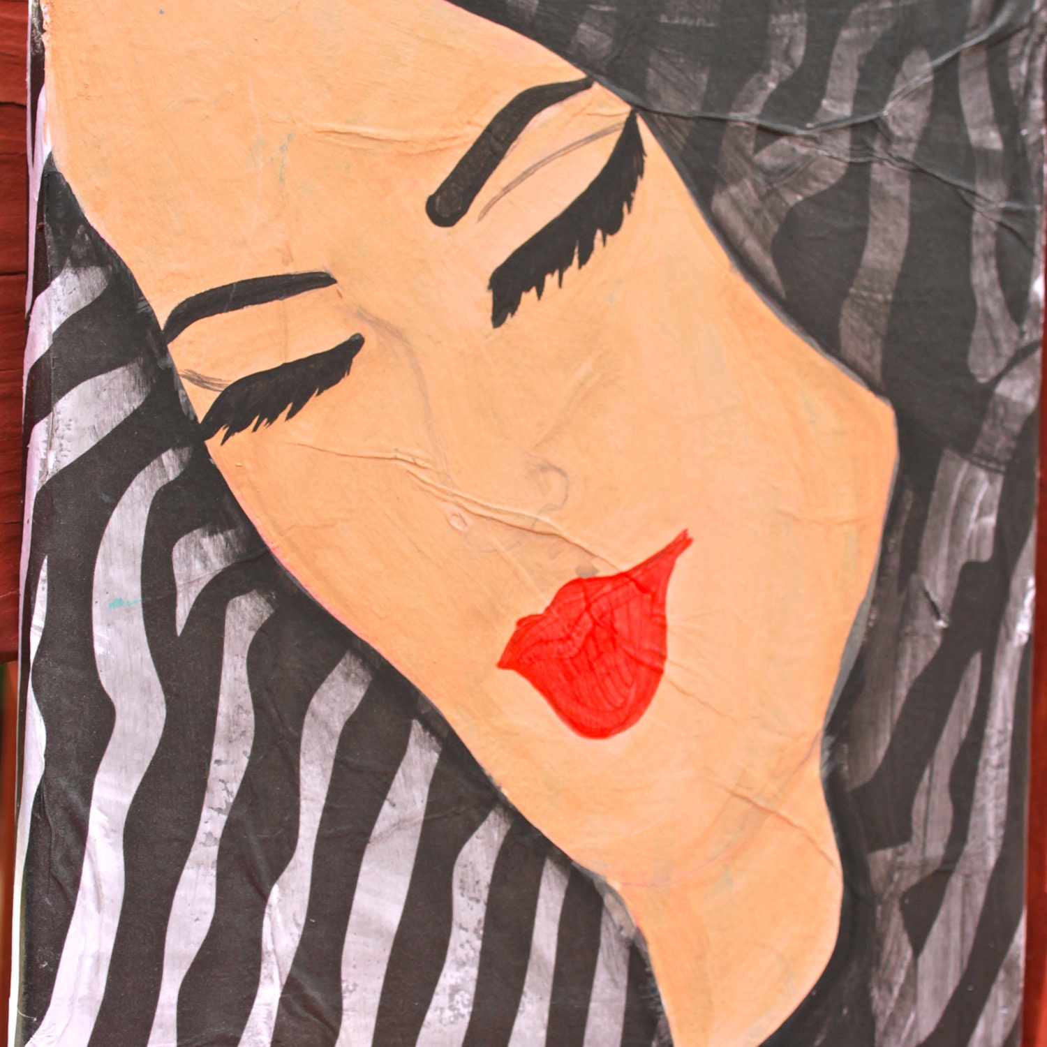 Mixed Media Original Painting 8x10 Beautiful Woman Red White Black