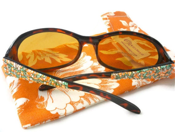 Sunglasses unique orange and green patterns upcycled tortoise shell glasses with case