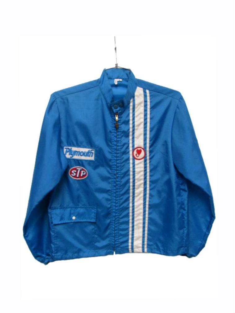 Vintage 1960s Racing Jacket Mens Blue Nylon Racing Stripe Plymouth STP Dragstrip Rat Rod Car Club Zip Jacket