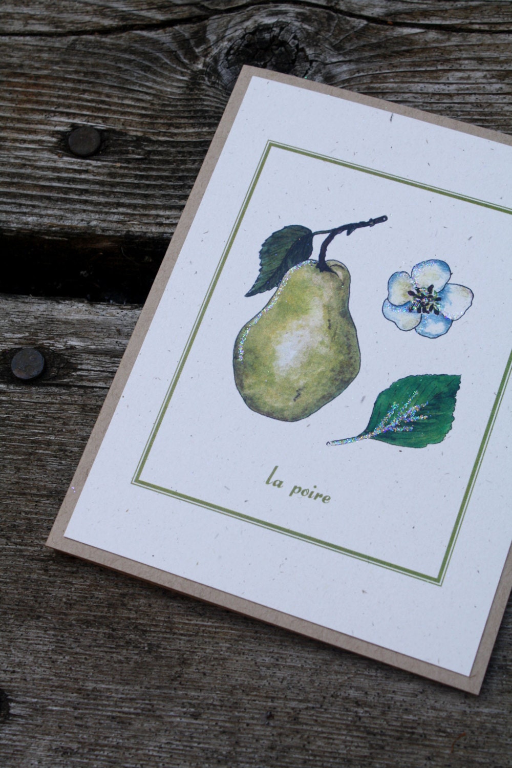 Pear Poire, Fall Fruit Autumn with French Text. Yellow Chartreuse Color. Recycled Series Watercolors Greeting Cards - Free US Shipping
