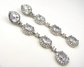 bridal wedding Clear white teardrop cubic zirconia on multi oval cz post earrings with circular cz connectors - Free US shipping