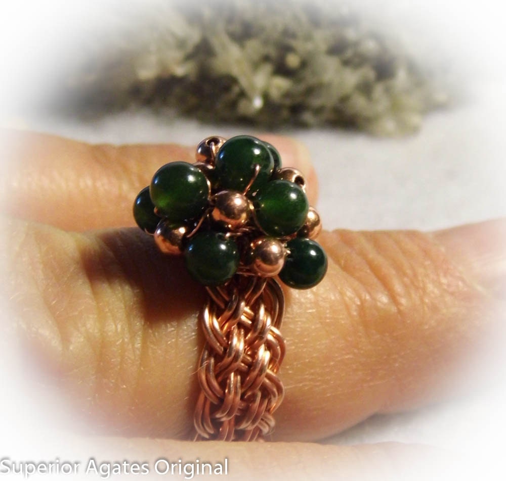 Green Quartz Copper Wire Woven Ring Size 8