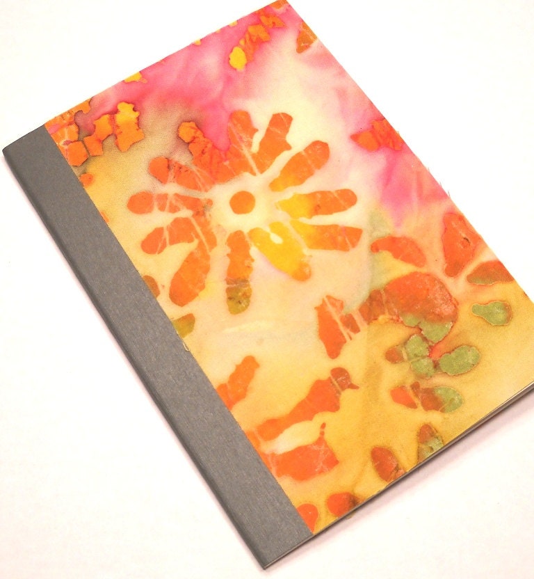 Fabric Covered Notebook - Apricot and Pink Batik, Recycled Paper, Lined, 4.1 x 5.8"