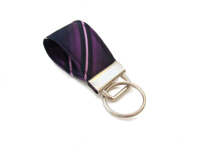 Recycled Necktie Mini Keychain Purple Pink Black Striped Key Fob