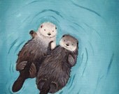 Otters Holding Hands Otter Art Print Otterly Romantic 11x14