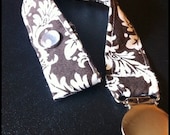Brown and white Damask pacifier clip boy or girl snap closure