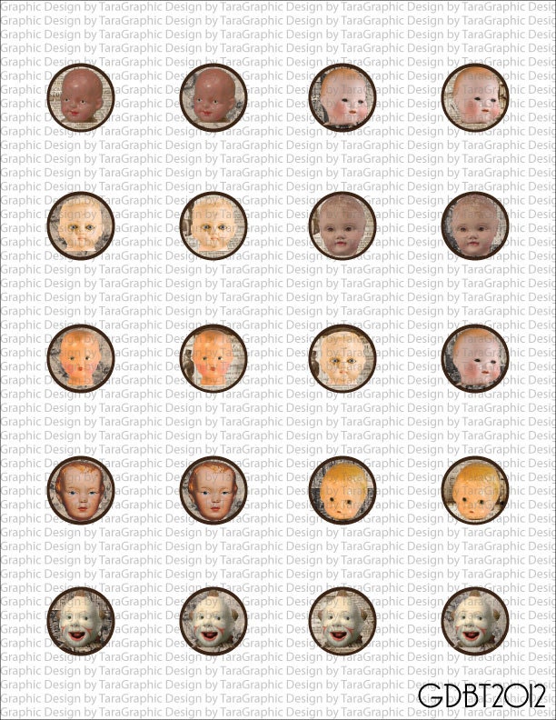 Antique Doll Heads Altered Art  Digital Image Sheet for 1 Inch Bottlecaps Personal and Commercial Use