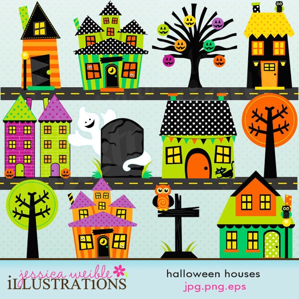 Halloween Houses Cute Digital Clipart for Card Design, Scrapbooking, and Web Design Il_570xn