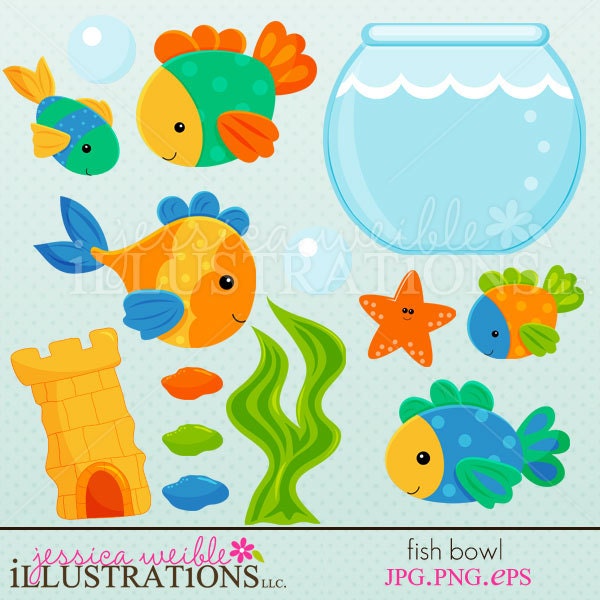 Fish Bowl Cute Digital Clipart for Invitations, Card Design, Scrapbooking, and Web Design Il_570xn