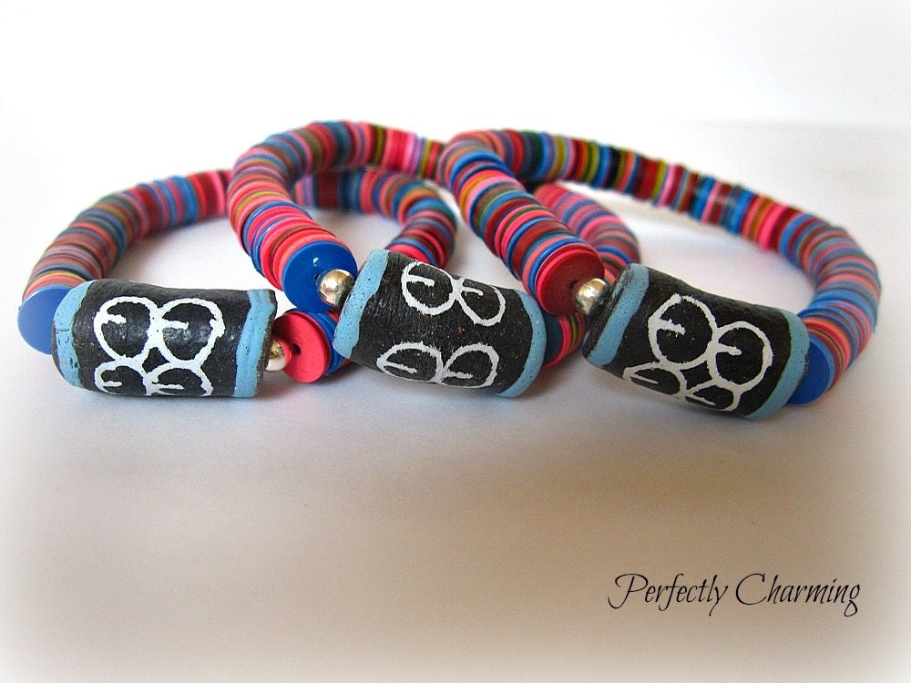 Friendship Bracelet Adinkra ME WARE WO Commitment and Perseverance African Recycled Vinyl Records and Krobo Bead