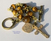 Tiger Eye Rosary Bracelet, Gold Brown Gemstone, Brass Accents, Bronze Medals, Unbreakable, Catholic, One Decade