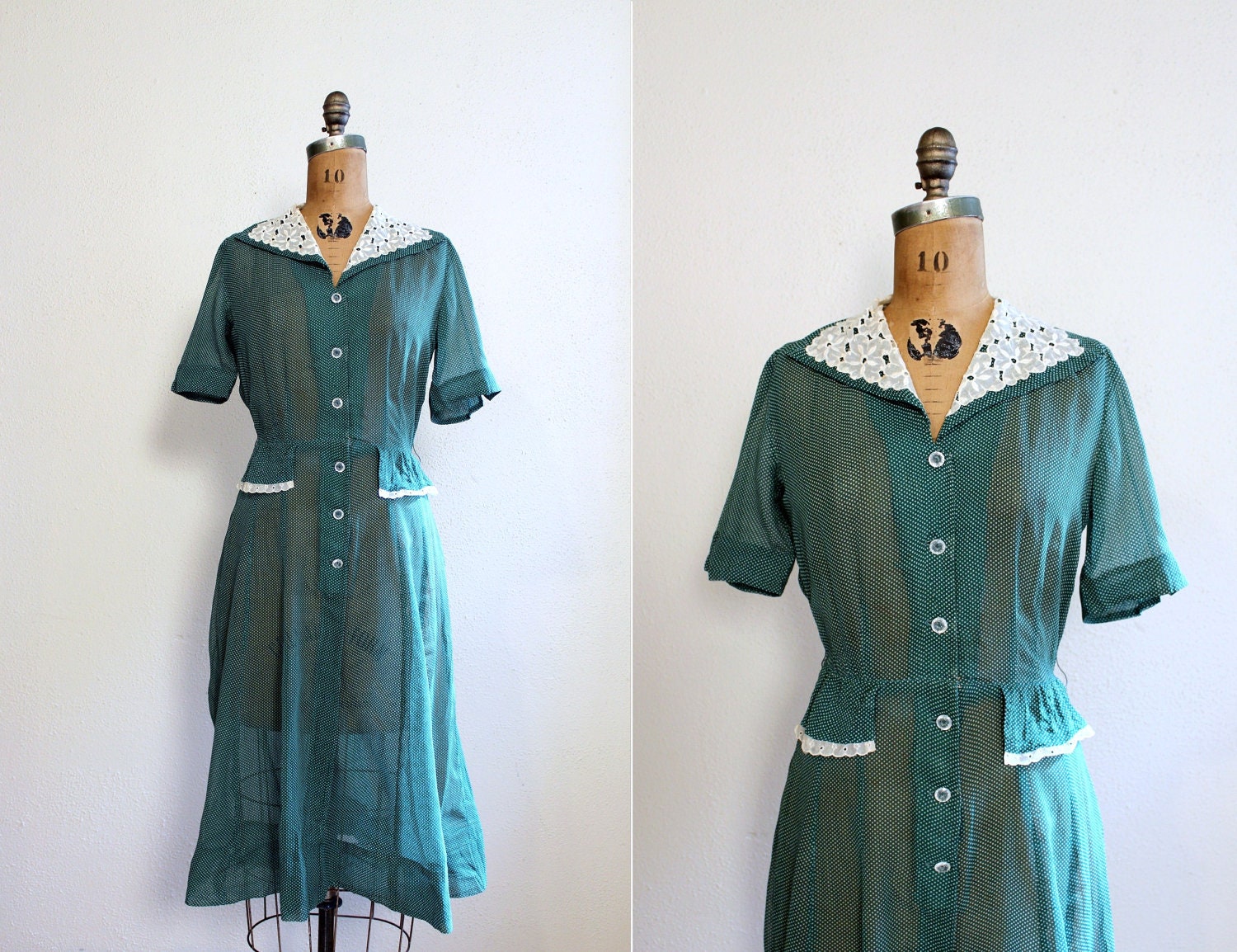 vintage 1930s dress - 30s day dress - green & white polka dots - lace applique - size Medium