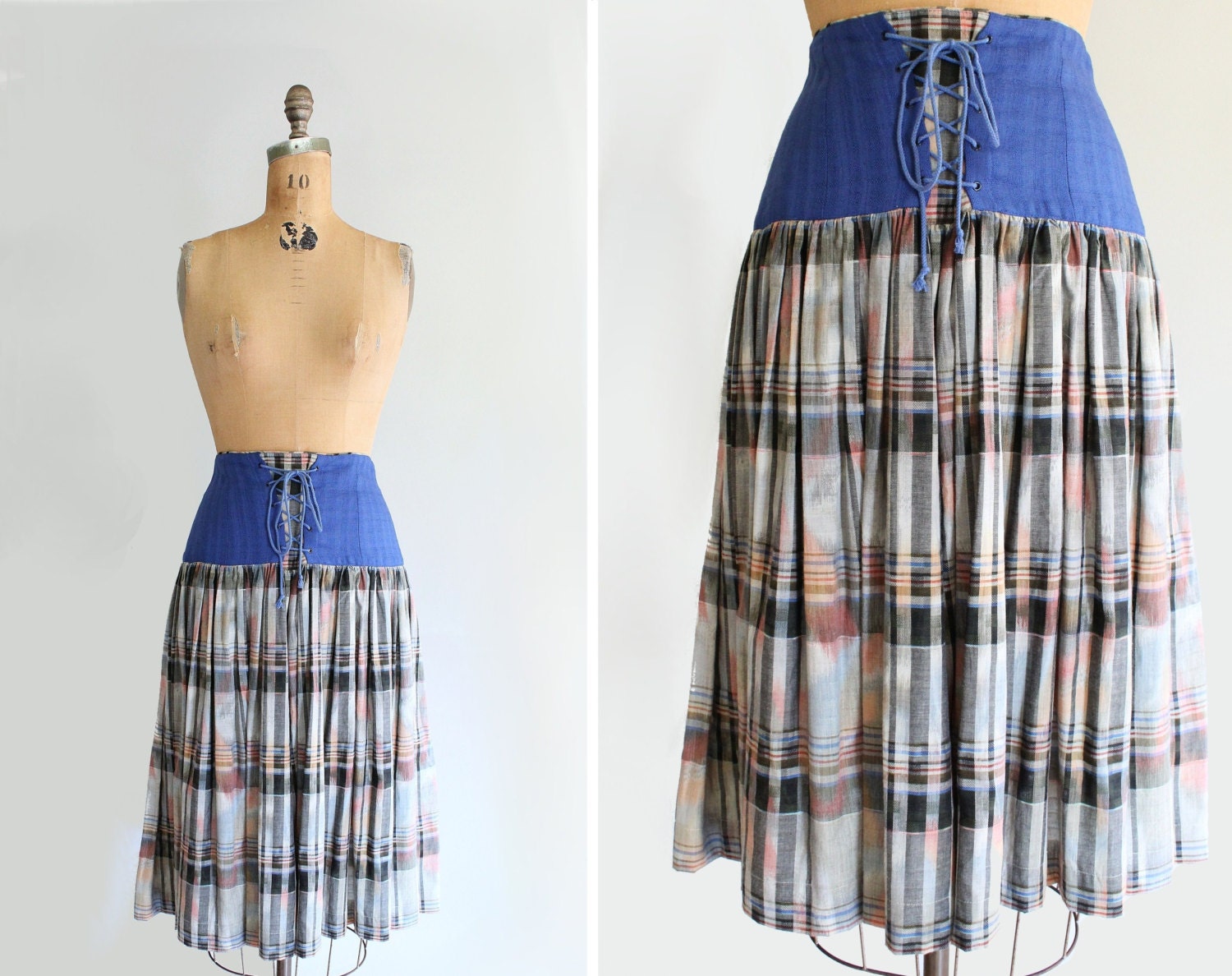 70s skirt - vintage 1970s skirt - A Line - plaid - corset waist - German - Large