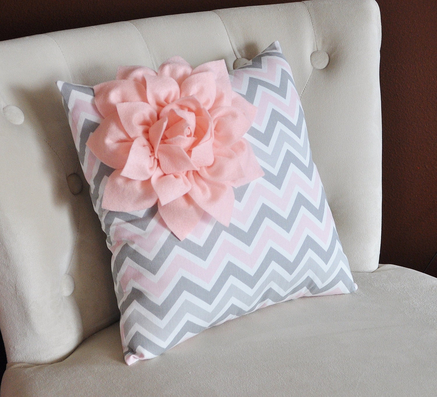 Light Pink Corner Dahlia on Gray and Light Pink Zigzag Pillow -Chevron Pillow-