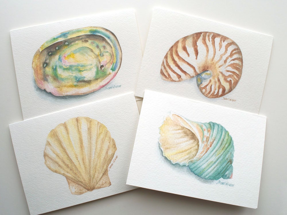 Seashell Watercolor Painting Note Card Set of 4
