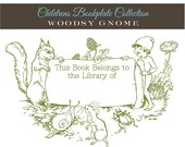 Rubber Stamp Bookplate for Children  3x4 inches  --  Woodsy Gnome with animals