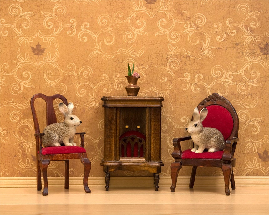 cozy warm tones, rabbits, bunny, diorama art - Rabbit Ears 8 x 10