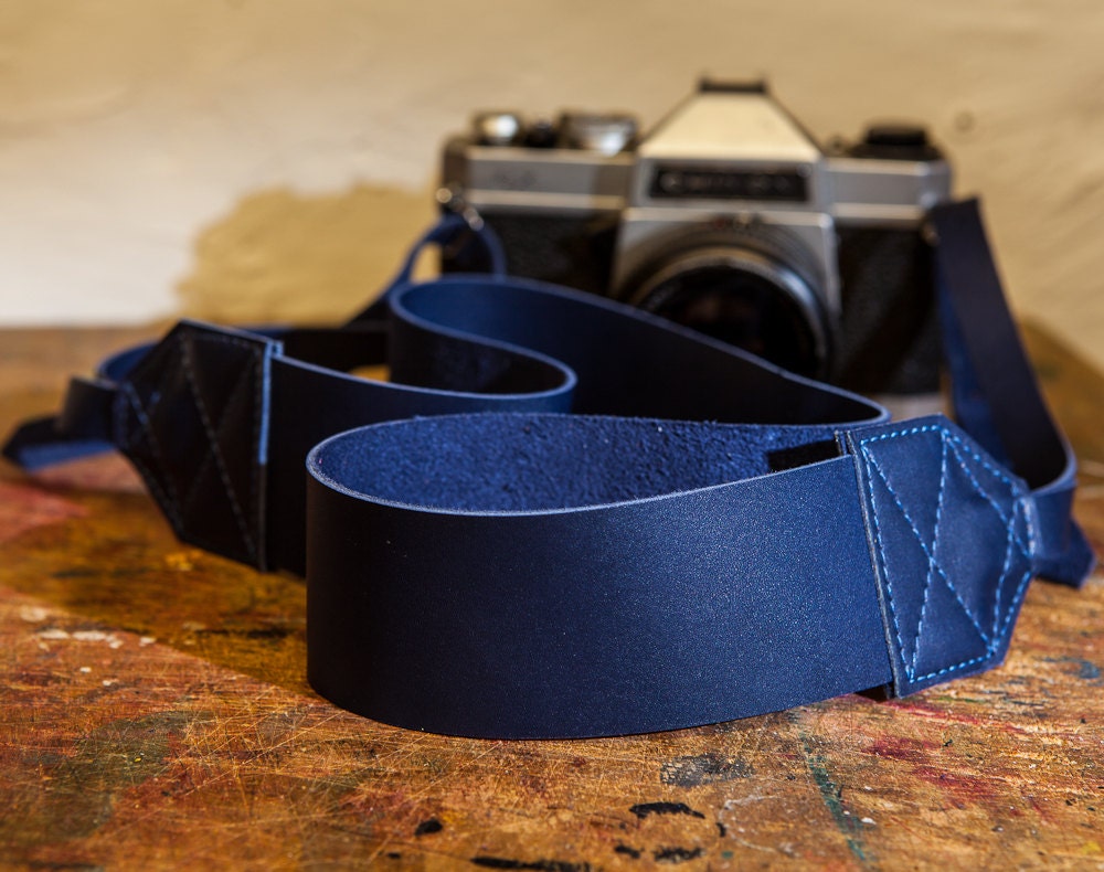 Size (2) Leather Buckled Camera Neck Strap in Navy Blue Handcrafted Unique by Magpie Accessories on Etsy
