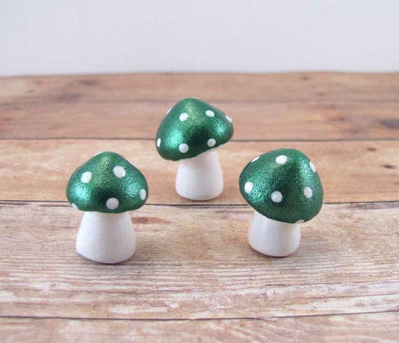 Tiny Metallic Green Trio of Toadstools Fantasy Figurine or Terrarium Decoration Made to Order - PumpkinTreeLane