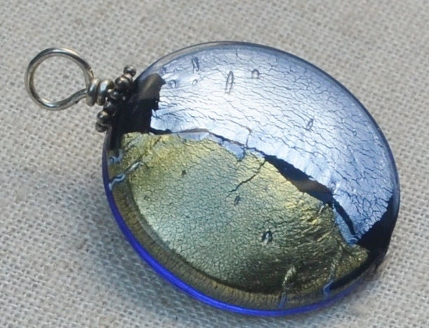 Venetian glass pendant necklace on adjustable leather cord, denim blue pendant, blue and black glass necklace, Murano glass jewelry