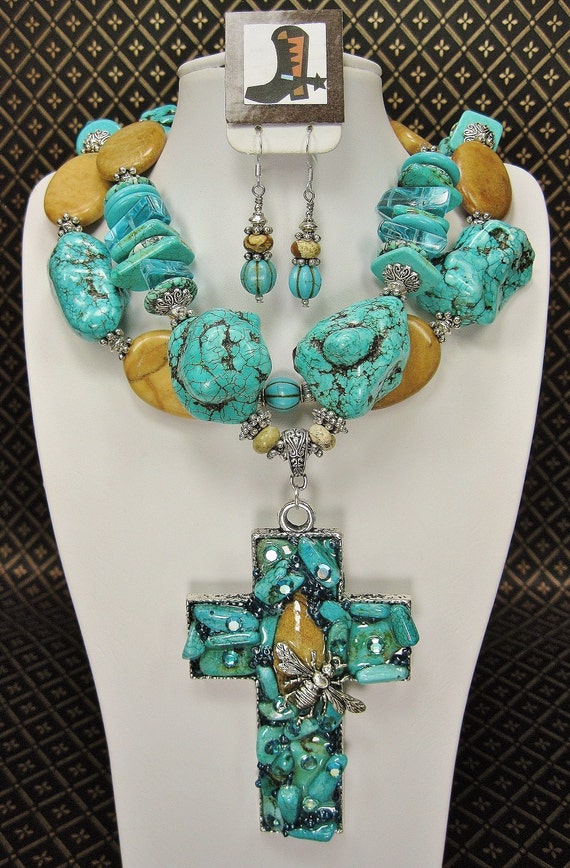 Turquoise Chunky Statement Western Cowgirl Necklace Set With