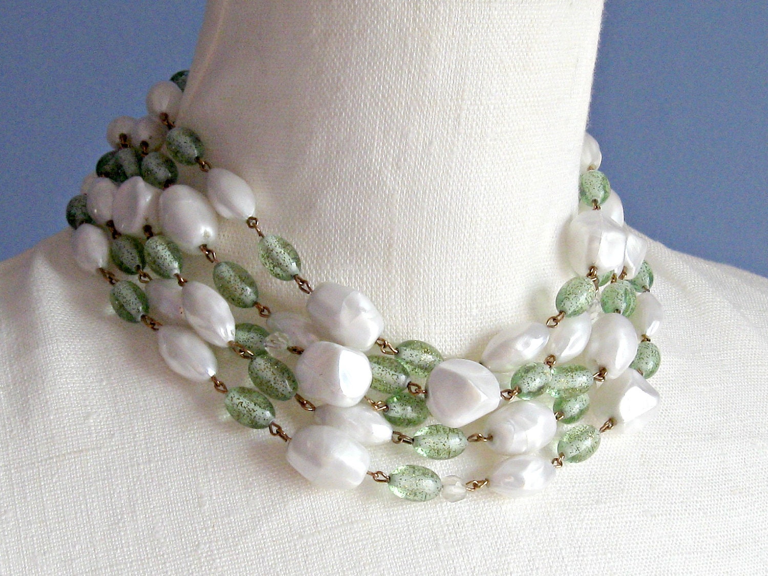 Vintage Multi Strand Mint Green and White Bead Necklace