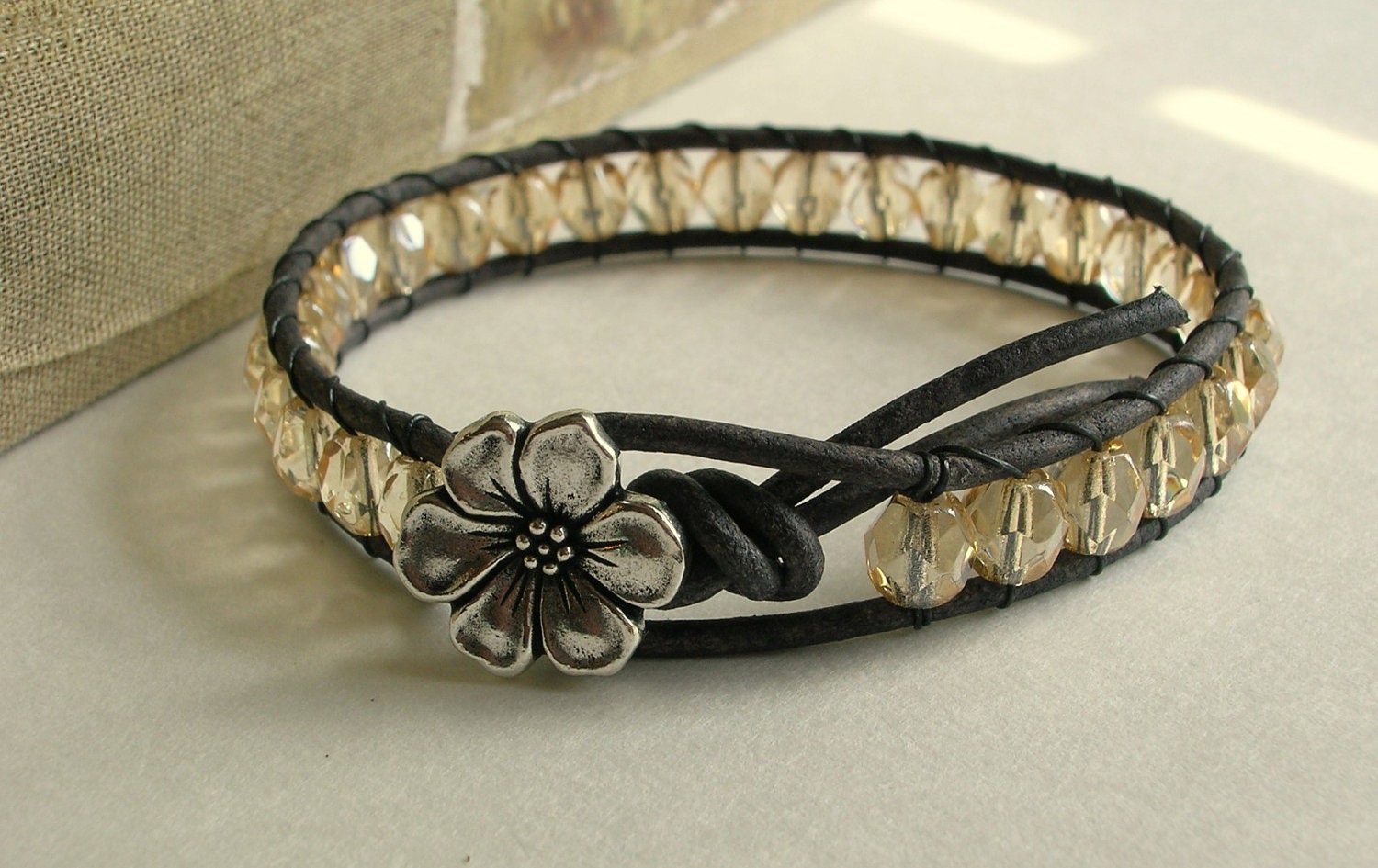 Cottage chic leather wrap bracelet - Bohemian Romance - sparkling champagne, shabby bohemian jewelry, pewter flower, vintage inspired
