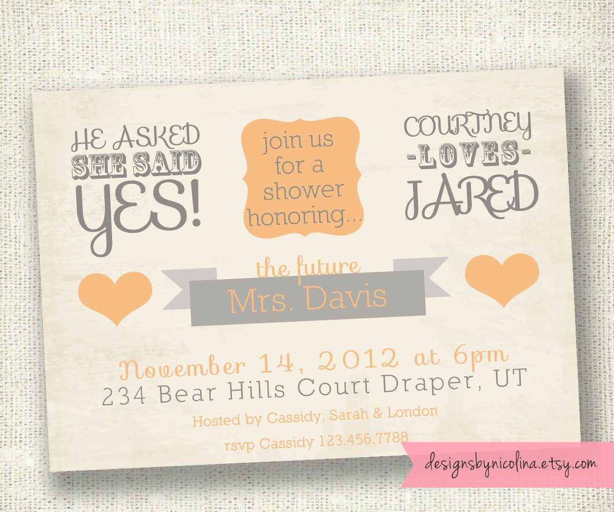 Vintage Poster Style -Peach and Gray- Bridal Shower PRINTABLE Invitations