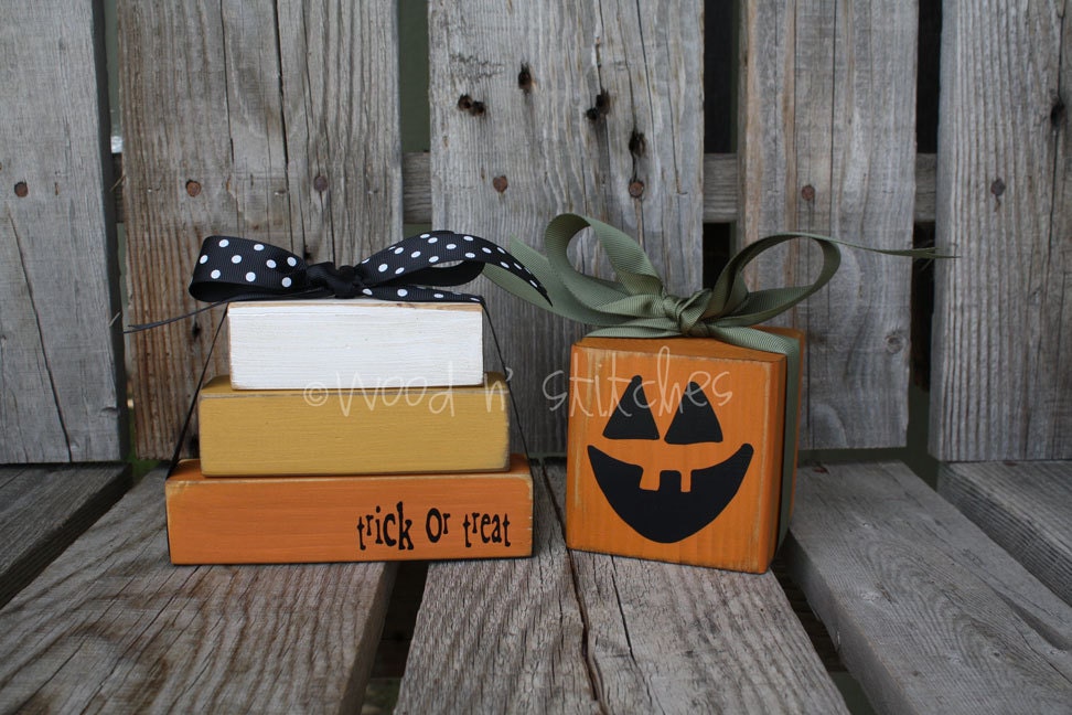 Primitive Pumpkin and Candy Corn Halloween wood block sets  . . . fall autumn wood block home decor pumpkin vinyl