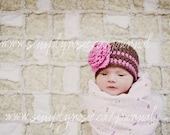 Crochet Baby Hats for Girls, Baby Beanie, Baby Crochet Hat with Flower, Brown, Hot Pink, Cotton, 6 to 12 Month