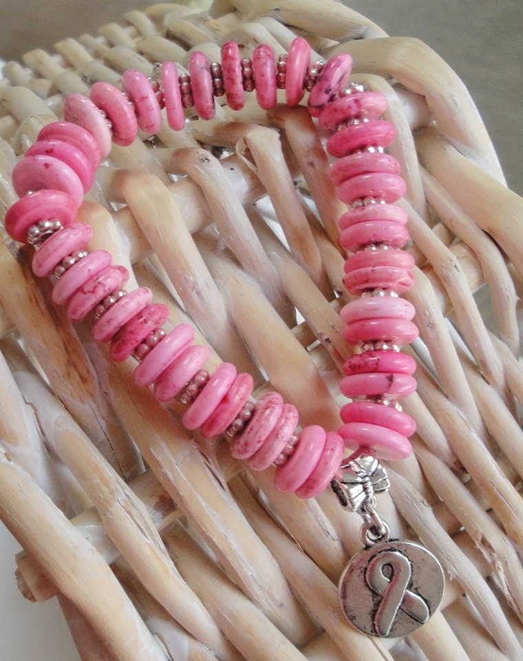 Ribbon Breast Cancer Awareness Pink Silver Charm Elastic Bracelet, Pink Turquoise Stone Stamped Hope Charm