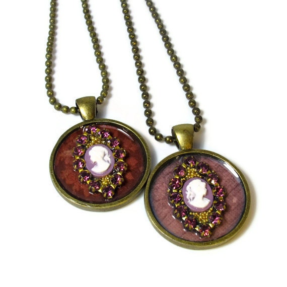 Best Friends Necklaces, Cameo Pendants, Repurposed Jewelry in Purple