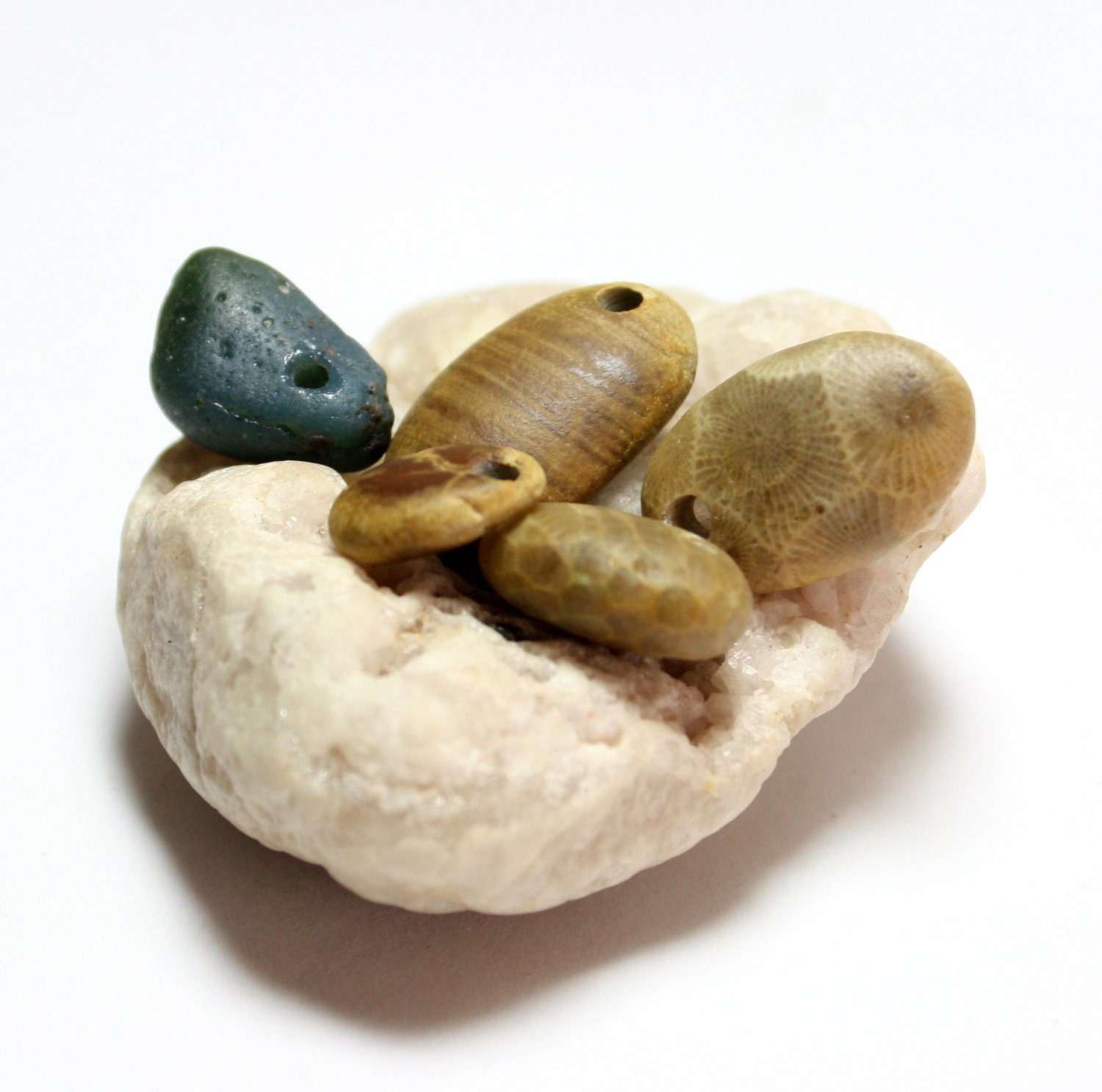 Handcrafted Stones Jewelry- Artisan Petoskey Fossils Bluestone Sea Slag Glass Supplies- "Elk" by Allybeans