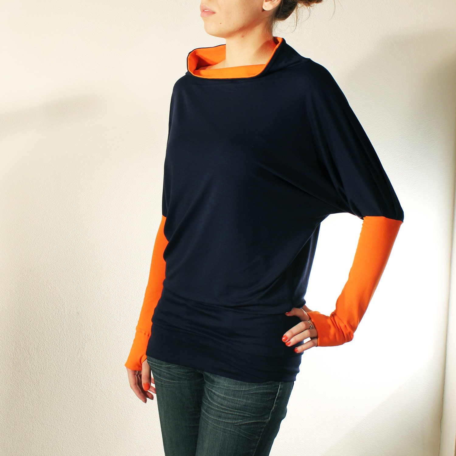 NEW Womens Dark Blue  Top With Boat Neck and Orange details