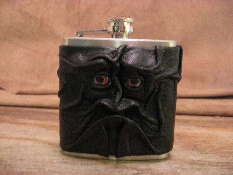 Grichels leather and stainless steel 6oz flask - black with red, silver, and black fish eyes
