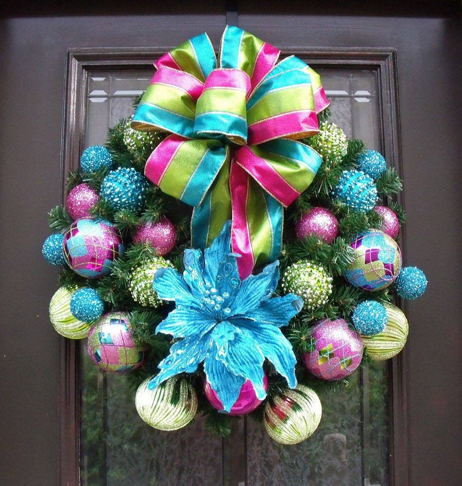 Preppy Christmas Wreath, Bright Ornament Wreath, Front Door Decoration, Christmas Door Wreaths