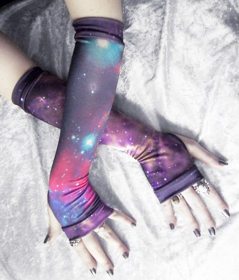 Space Cadet Arm Warmers - Black Magenta Teal Yellow Plum Purple White Royal Galaxy Print - Gothic Tribal Cycling Yoga Steampunk Noir Gypsy