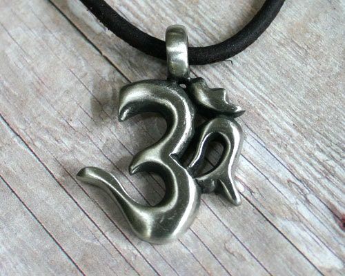 Leather Necklace with Pewter Om Ohm Aum Symbol Yoga Jewelry