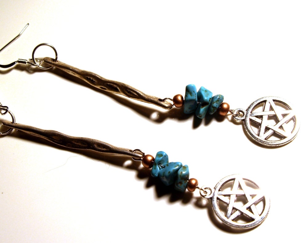 Silver Pentacle Statement Earrings with Turquoise Stone Chips SUMMER SOLSTICE SALE